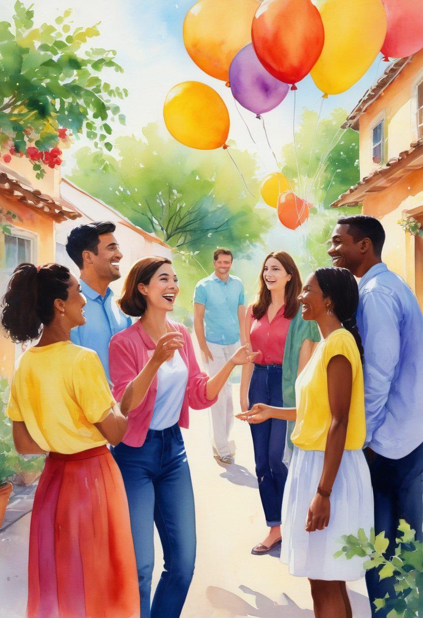 A vibrant scene depicting a diverse group of people engaging in joyful conversations and exchanging ideas in a colorful outdoor setting, with elements symbolizing connection like balloons and intertwined vines. The characters should display expressions of enthusiasm and openness, embodying the essence of cheerful networking. Bright and sunny atmosphere with an emphasis on warmth and inclusion. watercolor painting. vibrant colors. light background.