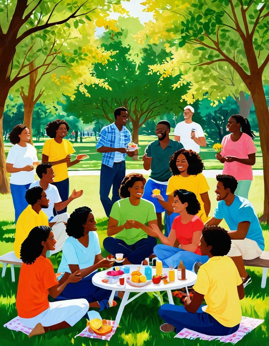 A colorful and warm illustration of diverse people joyfully interacting in a sunny park, exchanging ideas and laughter. Include elements like flowers, green trees, and picnic setups to emphasize a vibrant, friendly atmosphere. Highlight expressions of happiness and connection among individuals, showcasing both casual and professional relationships. Use bright, uplifting colors to evoke a sense of joy and community. painting. vibrant colors.