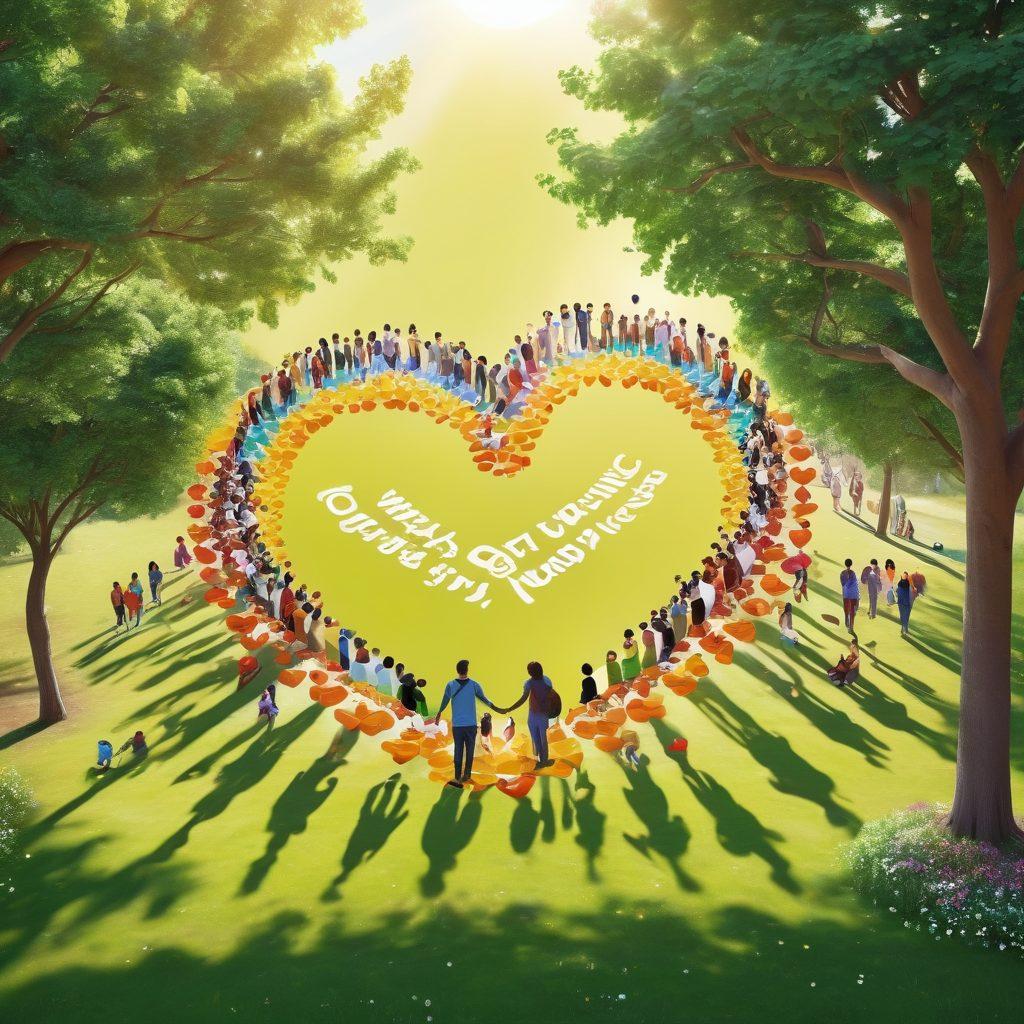 A vibrant community gathering in a sunlit park, showcasing diverse groups of people engaging in friendly conversations and activities, with symbols of connection like heart shapes and Linked icons interspersed. Include colorful banners promoting positivity and inclusion. A calming, inviting atmosphere, with green trees and flowers surrounding the scene. super-realistic. vibrant colors. 3D.